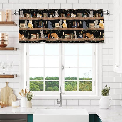 Bookshelf Cat Curtain Valance Short Rod Pocket Window Treatment for Living Room Bedroom Kitchen Bathroom 1 Panel 54" W x 18" L