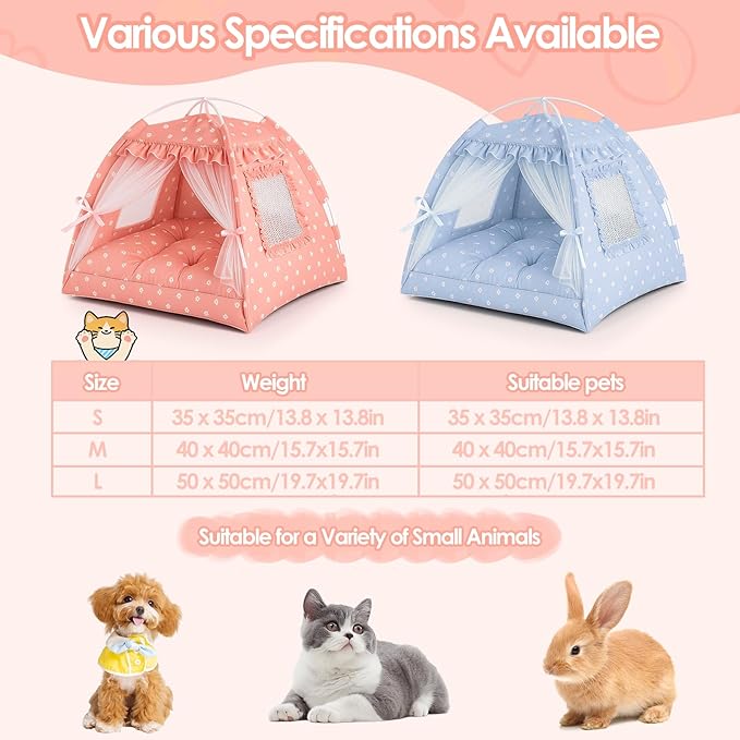 Cat Tent, Pink Cat Tents for Indoor Cats, Foldable Cats Teepee with Lace Mesh Breathable Windows, Portable Pet Tent for Small Pussy Dogs up to 5.5lbs(13.8 X 13.8in) (Pink, S)