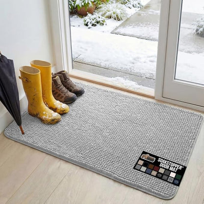 GORILLA GRIP SoakSTOPPER Dog Door Mat, 48x30 Machine Washable Rug Absorbent Doormat Captures Moisture Mud Dirt, Quick Dry Soft Chenille Entryway Rugs Indoor Entrance Mats for Dog Paws, Light Gray