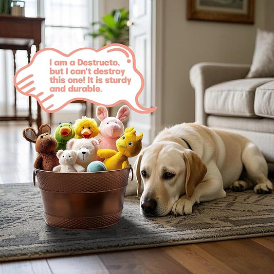 Indestructible Metal Dog Toy Bin: Pet Toy Box Storage Basket for Living Room Area, Beautiful Design and Perfect Size 15-Quart (1 Pack, Round)