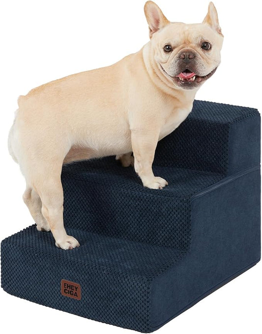 EHEYCIGA Dog Stairs for Small Dogs 13.5" H, 3-Step Dog Steps for Couch Sofa and Chair, Pet Steps for Medium Cats, Non-Slip Balanced Pet Ramp Indoor, Navy Blue
