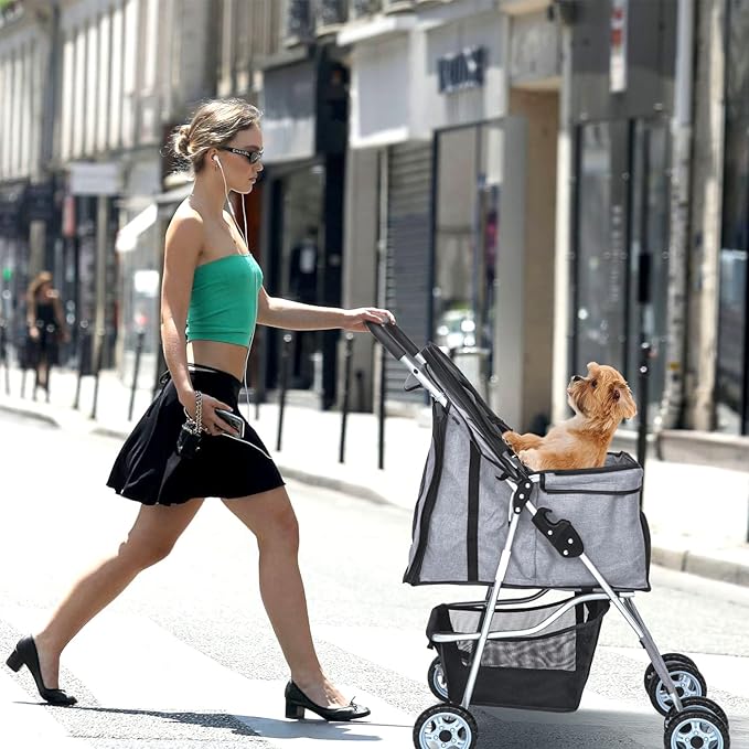 Dog Stroller for Small Dogs,Pet Stroller Strolling Cart 4 Wheels Folding Pet Gear Lightweight Waterproof with Storage Basket for Puppy Small Medium Dogs Cats for Travel,Grey
