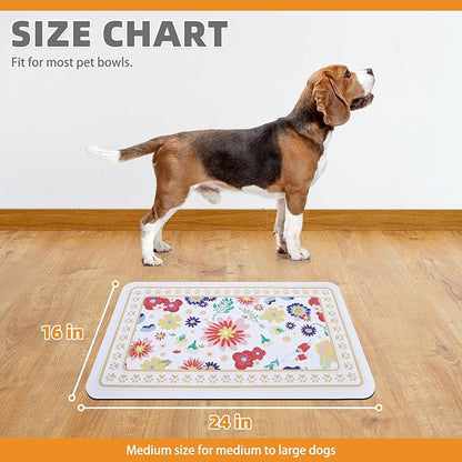 KOOLTAIL Dog Food Mat, Absorbent Pet Feeding Mat for Food and Water Bowls, Placement Pad for Floors with Waterproof Rubber Backing, Quick Dry Water Dispenser Mat for Dogs Puppy Cats, Flower, 16"x24"