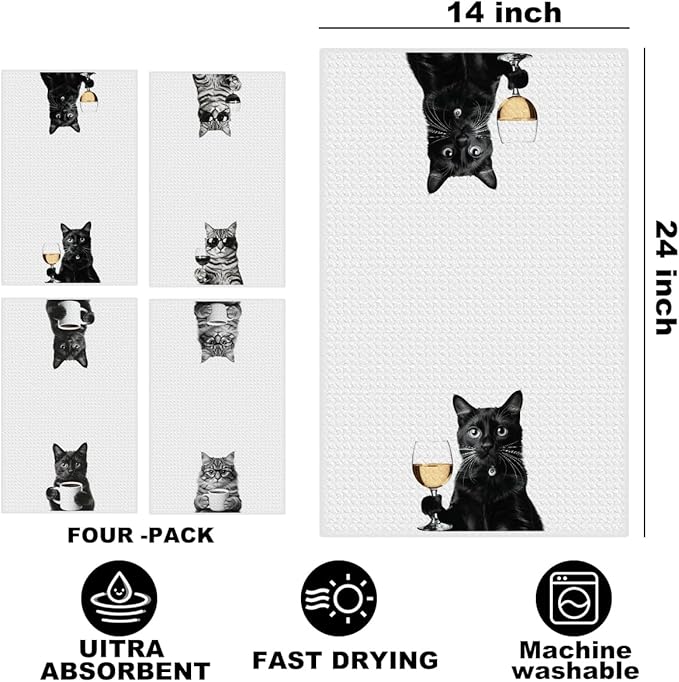 4 Pcs Funny Cat Kitchen Towels 24x14 Inch, Funny Reusable Dish Towels for Kitchen Coffee Station Wine Bar Decor, Waffle Weave Absorbent Hand Cloth Tea Towel, Cat Lover Gifts for Women Mom Friend