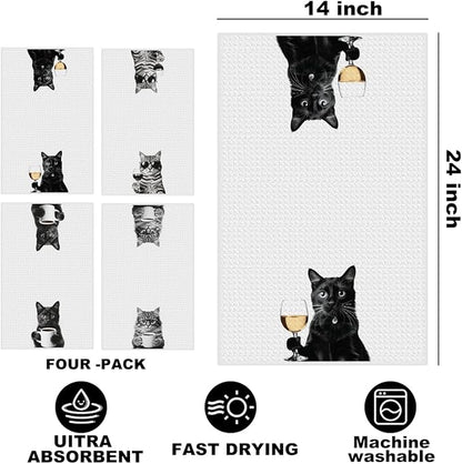 4 Pcs Funny Cat Kitchen Towels 24x14 Inch, Funny Reusable Dish Towels for Kitchen Coffee Station Wine Bar Decor, Waffle Weave Absorbent Hand Cloth Tea Towel, Cat Lover Gifts for Women Mom Friend