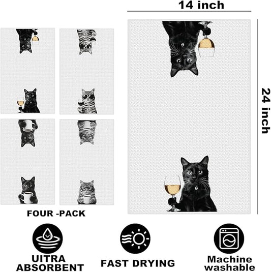 4 Pcs Funny Cat Kitchen Towels 24x14 Inch, Funny Reusable Dish Towels for Kitchen Coffee Station Wine Bar Decor, Waffle Weave Absorbent Hand Cloth Tea Towel, Cat Lover Gifts for Women Mom Friend