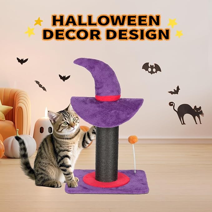 VINGLI 23.7in Wizard Hat Cat Scratching Post with Spring Ball Toy for Indoor Cats, Halloween Cat Scratcher with Purple Wizard Hat Design, Sisal Wrapped Cat Scratcher