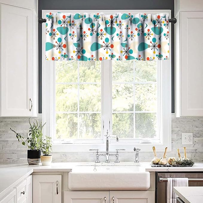 Mid Century Modern Kitchen Valance Curtains, Retro Atomic Starburst Abstract Geometric Pattern 1950S 60S Vintage Window Curtain Valance for Bedroom Living Room 54x18inch