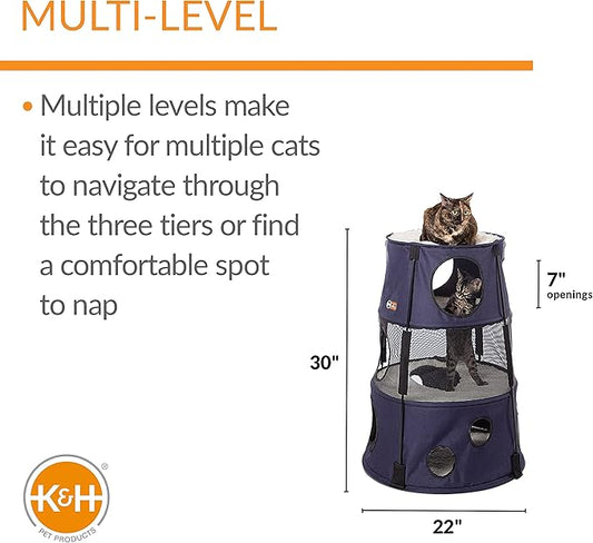 K&H Pet Products Cat Tower Tree Condo for Multiple Large Indoor Cats, Modern Cute Multi-Level Hammock Bed, Kitten & Adult House Activity Cave Large Cozy Hideaway - 3 Level Denim 22 X 30in
