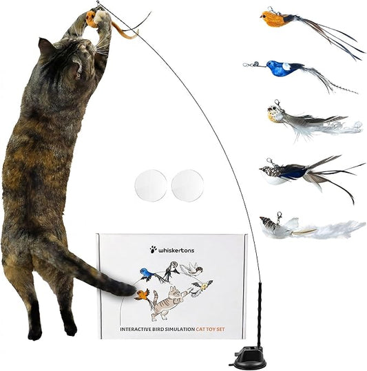 Whiskertons Interactive Bird Simulation Cat Toy Set, Interactive Cat Toys for Indoor Cats, Cat Feather Toy, Self-Holding Suction Base, 5 Replacement Birds, Feathers & Bells, Realistic Bird Impression