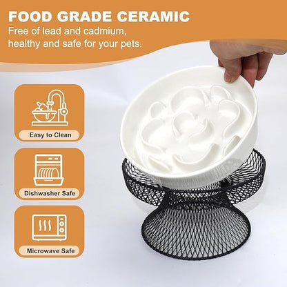 2PCS Raised Ceramic Cat Slow Feeder Bowl Elevated Food Bowl with Stand, Cat Slow Bowl for Wet Food and Dry Food,Slow Down Eating Speed, Whisker Friendly Pet Puzzle Feeder for Kitten and Small Dog