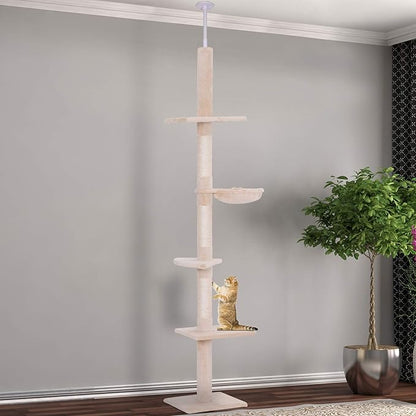 PawHut 102" Adjustable Height Floor to Ceiling Cat Tree, 5 Level Cat Tower with Scratching Posts, Hammock, Beige