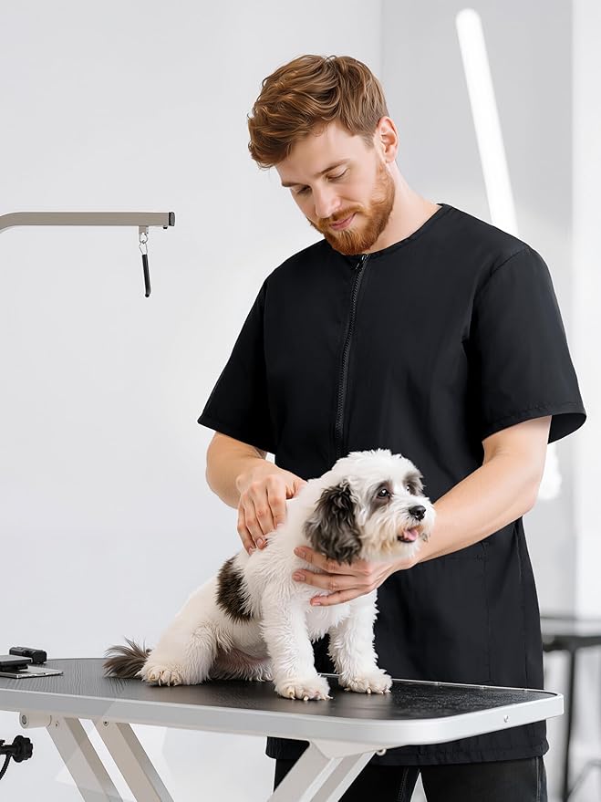 SOMSOC 2 Pack Waterproof Pet Grooming Workwear Short Sleeve Drawstring Zipper Anti Static Uniform with Pocket for Men Women