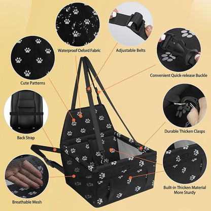 PetsHome Dog Car Seat Foldable Dog Car Booster Seat Waterproof Breathable Oxford Travel Bag for Small to Medium Dogs, Puppies, and Pets-Footprint Black+Mat