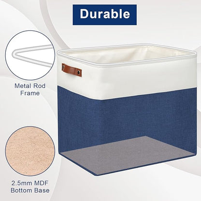 Large Fabric Storage Baskets | 50L Storage Bins, Decorative Linen Closet Baskets with Handles for Organizing, Shelf, Toys, Clothes, Home, Office, Nursery, 17x12x15Inches (Navyblue&White)