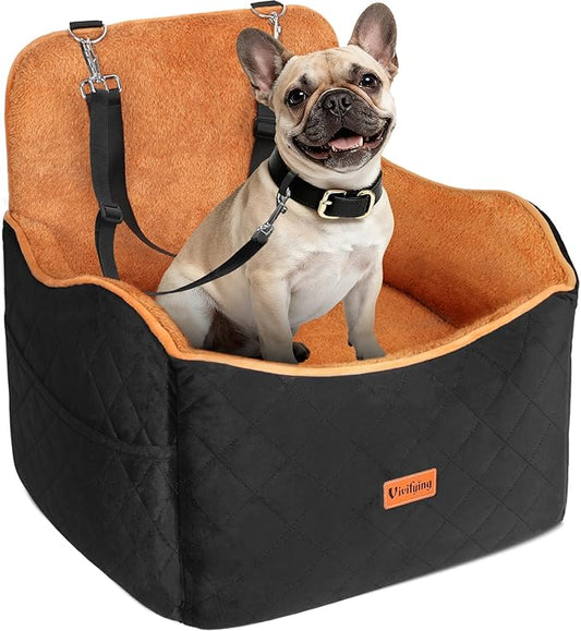 Vivifying Dog Car Seat for Small and Medium Dogs, 4" Booster Pet Car Seat with Safety Strap, Plush Travel Dog Bed for Car with Storage Pocket, Detachable Washable Cover, Fits Dogs up to 35lbs (Black)