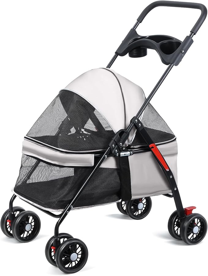 Pet Stroller 4 Wheels Dog Cat Stroller,Outdoor Trave Pet Folding Stroller,Foldable Dog Cat Cage Jogger Stroller with Cup Holder,Breathable and Visible Mesh for Medium Dogs Cats Grey