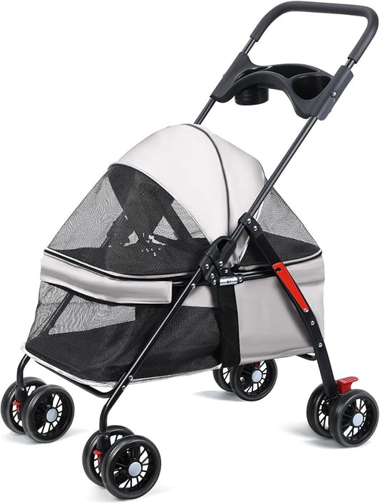 Pet Stroller 4 Wheels Dog Cat Stroller,Outdoor Trave Pet Folding Stroller,Foldable Dog Cat Cage Jogger Stroller with Cup Holder,Breathable and Visible Mesh for Medium Dogs Cats Grey