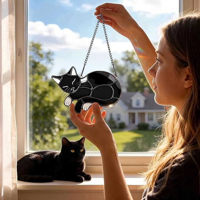 Black Cat Memorial Suncatcher,Handmade Stained Glass Window Haninging Ornament for Home Decor,Memorial Gifts for Pet Lovers,Pet Loss Sympathy Gift