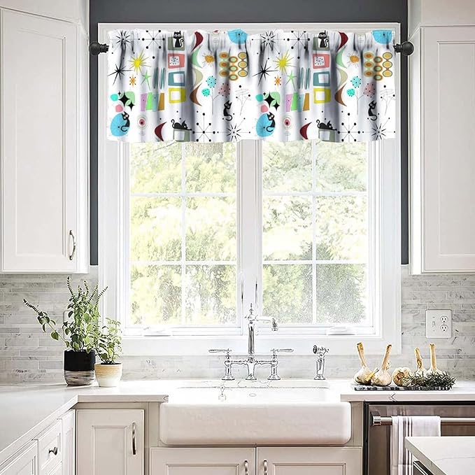 Mid Century Cat Window Valance Curtains, Retro Atomic Starburst Vintage Modern Abstract Geometric Pattern 50s 60s Curtains Valance for Bedroom Living Room Kitchen 54x18inch