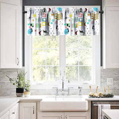 Mid Century Cat Window Valance Curtains, Retro Atomic Starburst Vintage Modern Abstract Geometric Pattern 50s 60s Curtains Valance for Bedroom Living Room Kitchen 54x18inch