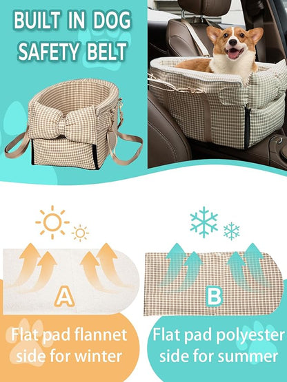 Dog Car Seat for Small Dogs,Center Console Seat for Puppy,Anti-Collapse Pet Car Seat with Soft Cushion Safety Belt, Portable Car Armrest Seat for Dog & Cat Under 15 lbs (Grid-Brown)