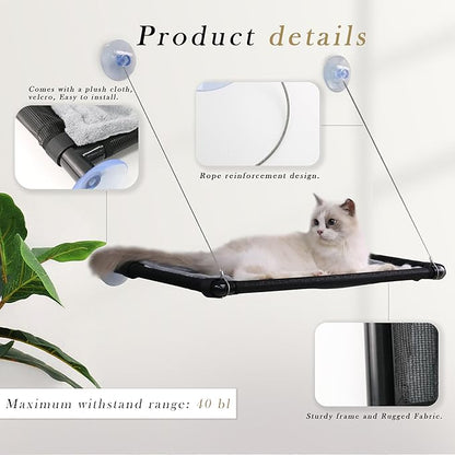 2 Pack Cat Hammock for Window Wall with 8 Suction Cups 2 Cushion Cover,Cat Window Perch, Space Saving and Easy Mounted Large Cats Bed,Pet Resting Safety Holds (Black, Large)