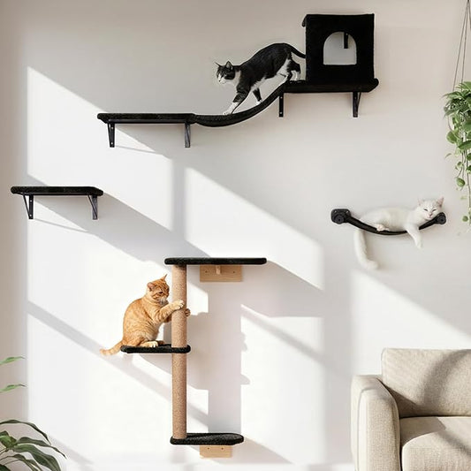 Wall Mounted Cat Furniture Set of 4 – 4 in 1 Cat Wall Shelves with Hammock, Bridge, Climbing Tree & Perch – Shelves for Large Cats, Holds Up to 30 lbs, Indoor Playground