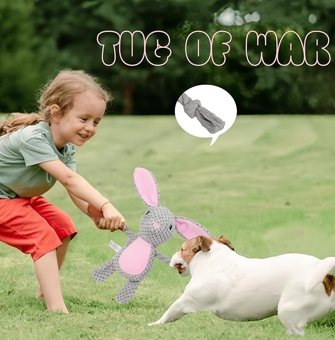 Bunny Dog Toy with Rope Arms – Squeaky Plush Rabbit for Small & Medium Dogs, Soft Chew & Tug Toy for Interactive Play, Easter Puppy Toy Gift