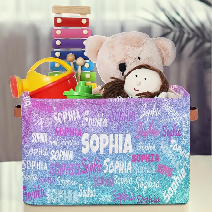 Personalized Foldable Storage Basket with Name, Laundry Hamper Dirty Clothes Pet Toys Storage Bin with Handles for Shelf Home Closet Kitchen, Gradient Purple Blue Glitters Print