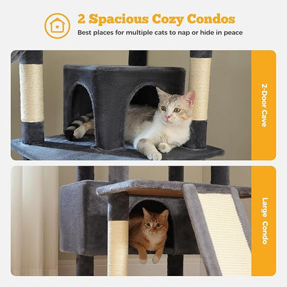 MUTTROS 81" Heavy Duty Cat Tree for Large Cats up to 20lbs - Extra Tall Cat Tower with Metal Frame Hammock, 6 Sisal Scratching Posts, 2 Perches - Indoor Cat Furniture for Maine Coon, Dark Gray