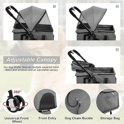 BestPet 3-Wheels Pet Stroller - Dog & Cat Premium 3-in-1 Multifunction Detachable Carrier Lightweight Folding Travel Stroller, Grey