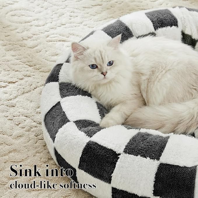 Checkered Cat Dog Bed, Cute Black White Retro Style Aesthetic Round Warming Pet Calming Beds for Small Dog and Cats, Plush Cozy Donut Beds Washable, 23" L x 23" W x 8" Th