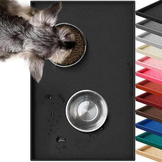 VIVAGLORY Dog Bowl Mat Grippymat Pet Food Mat, Waterproof Washable Nonslip Silicone for Pet & Cat, Food and Water Placemat with Lip & Raised Edges for Indoor Floor, S, Black