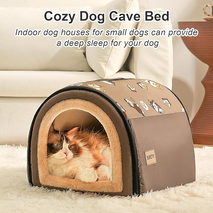 Jiupety Indoor Dog House, 2 in 1 Portable Foldable House Bed with Cover, Pet Tent & Cave Bed for Cats and Small Dogs, M(17"×14"×13"), Up to 9 Lb, Brown