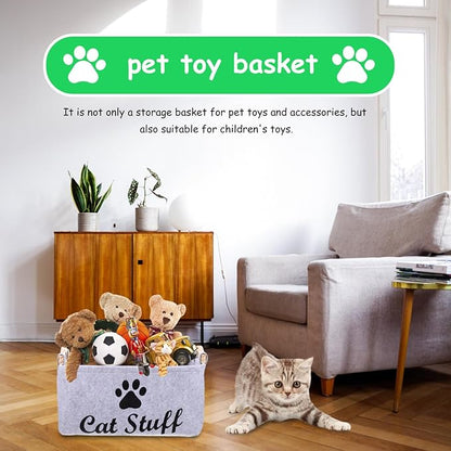 POPETPOP Pet Toy Storage Bin Felt Basket with Wooden Handles 15.35X10.62X7.08 Inch Organizer Container for Dog Cat Accessories Toys and Treats Storage
