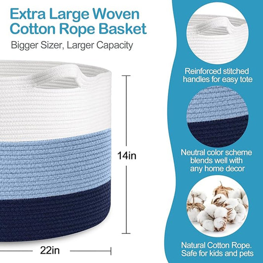 Large Kids Toy Basket, 22" x 14" Soft Woven Cotton Rope Basket, Toy Storage Bin for Kids, Big Baby Nursery Organization, Floor Stuffed Animal Storage, Blanket Pillow Holder for Living Room