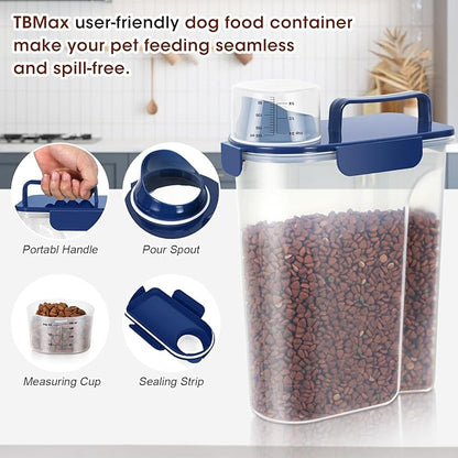 TBMax Large Cat Food Storage Container, Portable Dog Food Container with Upgraded Large Spout and Cup, Travel Pet Food Storage Dispenser for Kibble Storage, Bird Seed Container - Dark Blue
