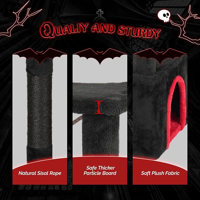 VINGLI 53.2in Gothic Cat Tower with Padded Perch & Spacious Condo, Large Cat Tree with Soft Hammock, Scratching Posts, Hanging Spider Toy, Red & Black Indoor Cat Furniture for Multiple Cats
