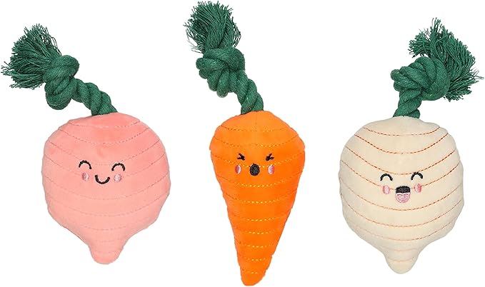 Pearhead Spring Garden Veggies Dog Toys, Easter Plush Squeaky Rope Dog Toys, Radish Carrot & Turnip Vegetable Dog Toy Set, Pet Easter Basket Gift, Set of 3