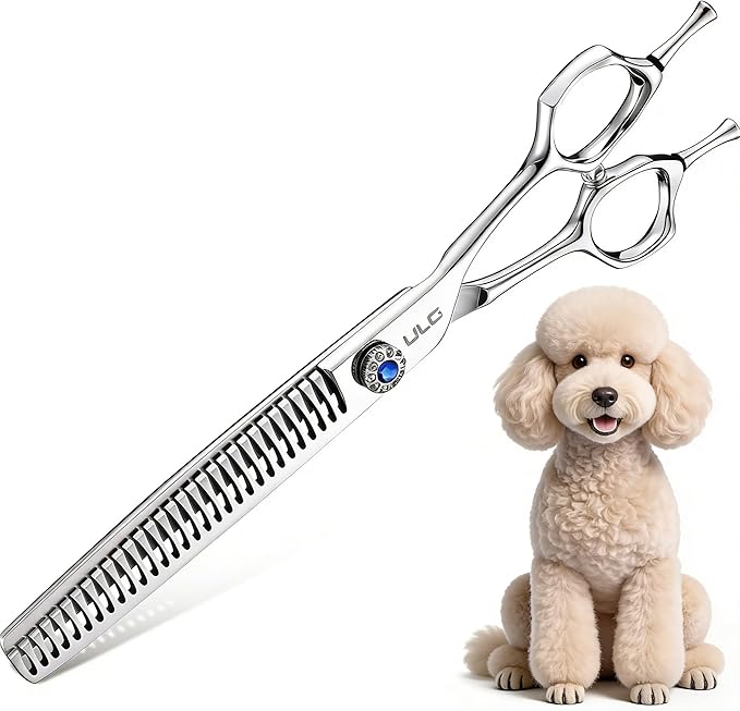 ULG Straight Chunker Dog Shears for Grooming, 7 Inch Professional Straight Chunker Dog Grooming Scissors for Thinning and Cutting, 65%-75% Rate 440C Stainless Steel Pet Hair Scissors
