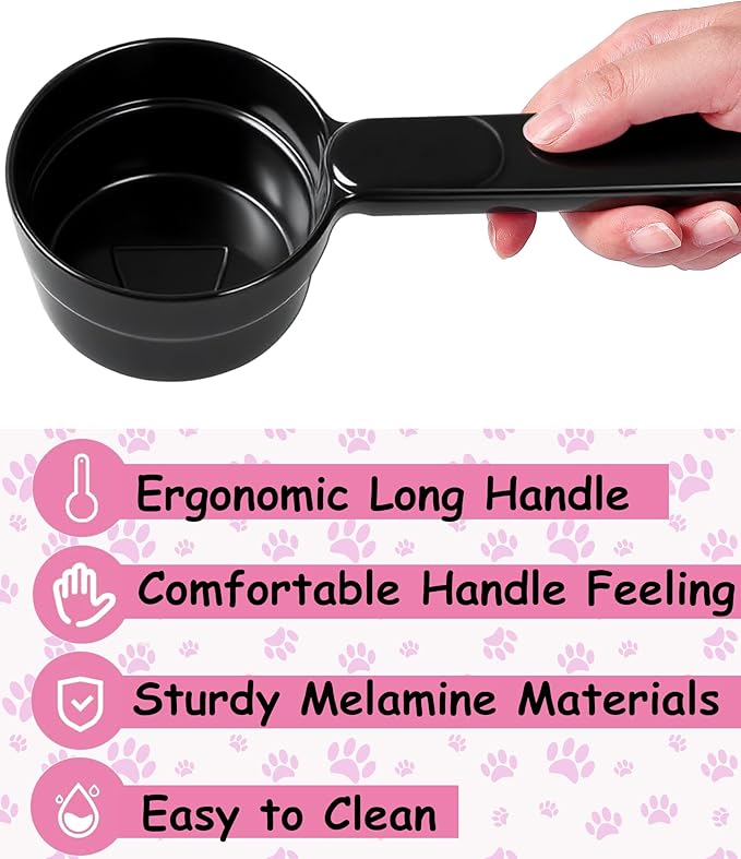 Dog Food Scoop 1 Cup 1/2 Cup - Melamine Dog Food Measuring Cup, Pet Food Scoop for Dog Cat...Comfortable Long Handle for Easy to Scoop Food, Black 1 Cup