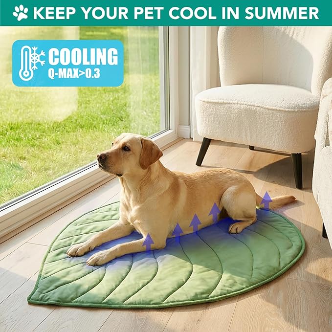 PetAmi Dog Cooling Mat, Leaf Shape, Reversible Cooling Nylon Blanket Soft Fleece Pet Pad for Dogs Cats, Summer All Season Use Q-Max>0.3, Medium 42x48 in, Sage Green
