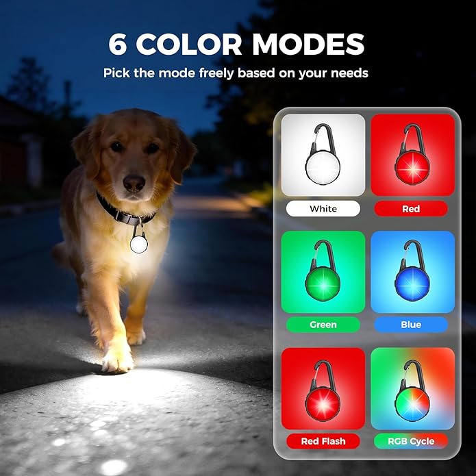Double Sided Dog Collar Light, 6 Modes LED Pet Collar Clip On, IP68 Waterproof with Rechargeable Safety Light, 2 Pack Dog Lights for Night Walking, Camping, Running, Cycling