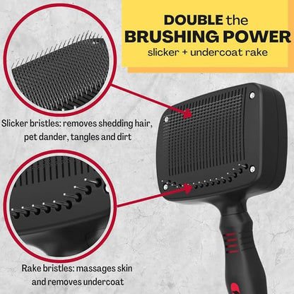 Premium Self-Cleaning Dog & Cat Grooming Brush – 2-in-1 Slicker & Undercoat Rake for Medium to Long Fur – Dual-Action Pet Hair Removal & De-Shedding Comb with Comfort Grip – Black/Red