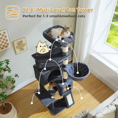 PAWZ Road Cat Tree, 51.6 Inches Cat Tower with Dual Condos, Spacious Perch, Cozy Basket and Sisal-Covered Scratching Posts for Small Cats and Kittens- Dark Gray