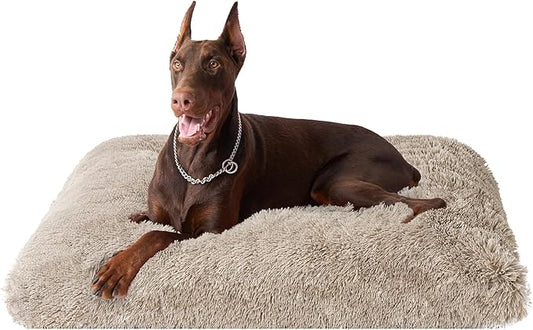 EHEYCIGA Fluffy XXL Dog Crate Pad, Plush Faux Fur Dog Bed for Extra Large Dogs, Calming Anti Anxiety XXL Bed, Washable Soft Warm Crate Mat with Non-Slip Bottom, Taupe