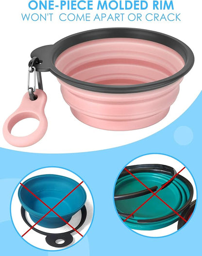 Aonkey Collapsible Dog Bowls with Bottle Carrier, 2 Pack Travel Dog Water Bowl Upgraded Carabiner, One-Piece Molded Rim No Fall Off or Crack 37oz, Blue & Green