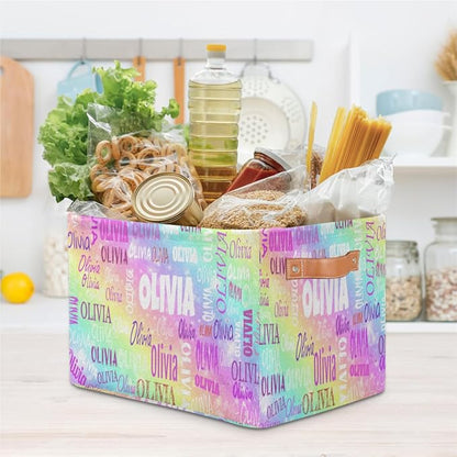 Personalized Kids Toy Box with Name, Custom Nursery Baskets Cubes Box, Kids Custom Storage Basket Laundry Baskets Organizer with Handles, Colorful Rainbow Color