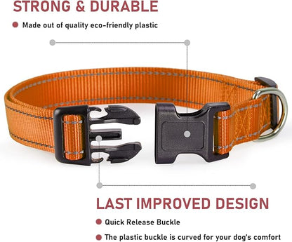 Reflective Dog Collar with Buckle Adjustable Safety Nylon Collars for Small Medium Large Dogs, Orange L